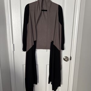 Drape Front Open Cardigan Sweater Wrap Women M/L Tan Black Colorblock Waterfall